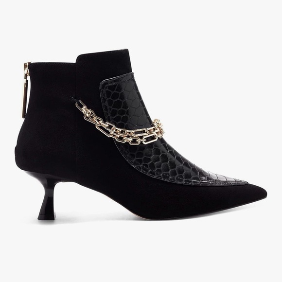 Louise et Cie Black Suede Pointed Toe Ankle Boots with Gold Chain - Picture 3 of 8